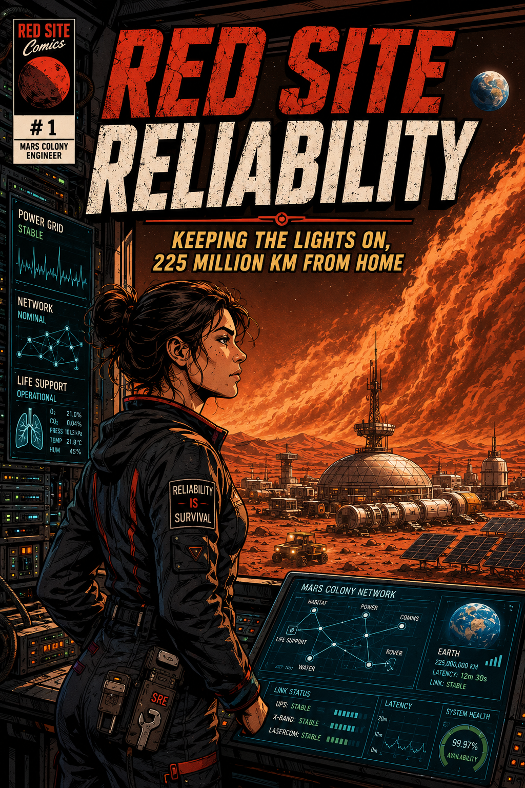 Red Site Reliability #1 cover: an engineer watching a dust storm roll over the Mars colony